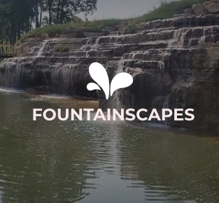 A water fall with the name fountainscapes written in front of it.