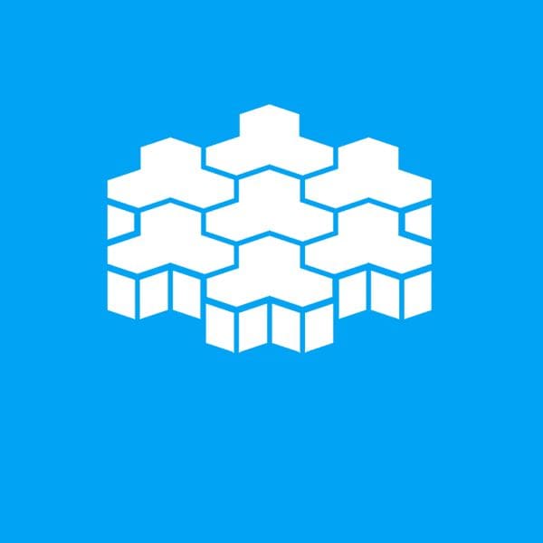 A blue background with white cubes in the middle.