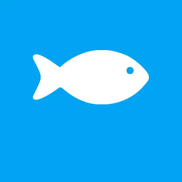 A white fish is shown on the blue background.