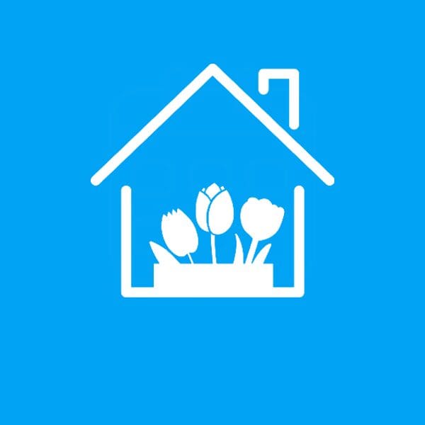 A blue background with an image of a house and flowers inside.